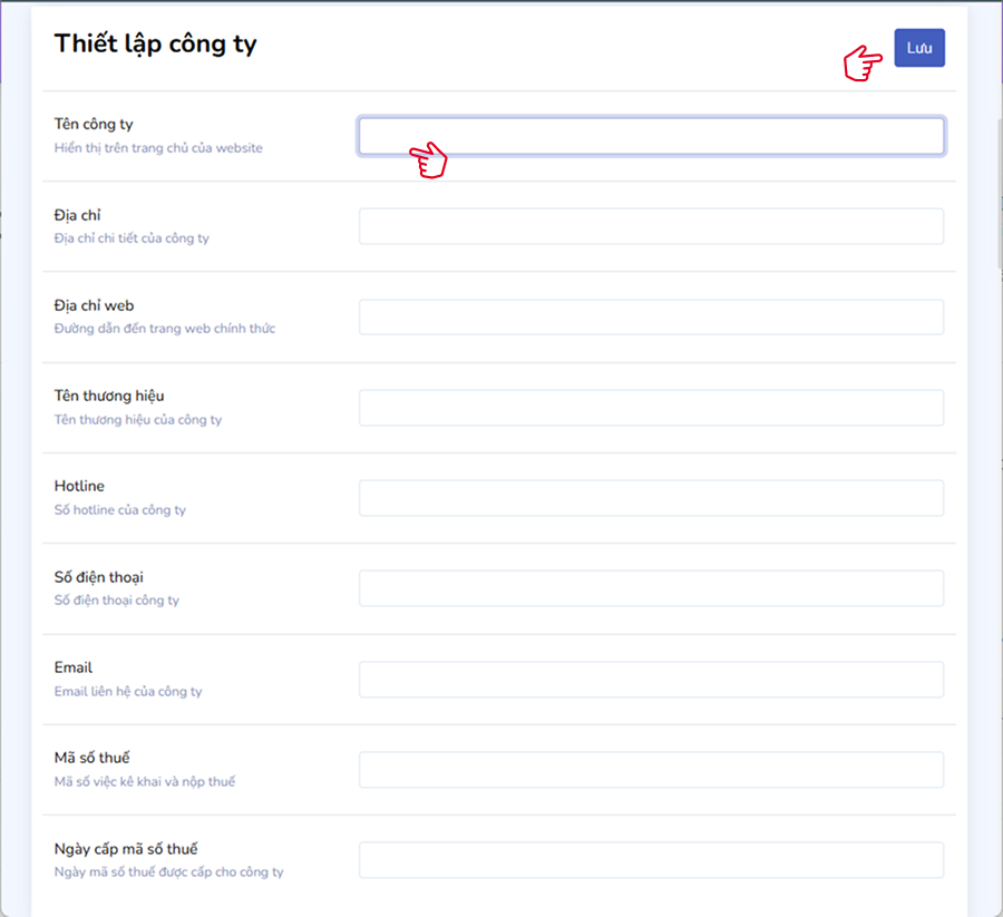 Form nhập thông tin công ty