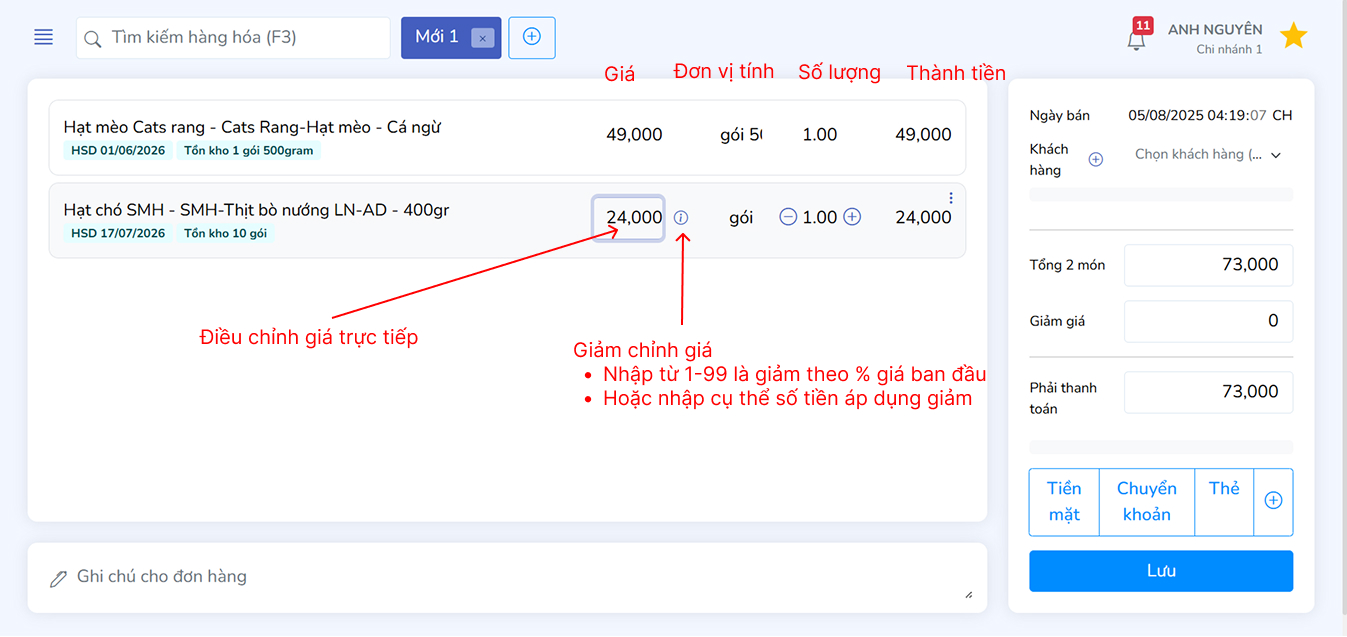 Giao diện thêm sản phẩm vào đơn hàng