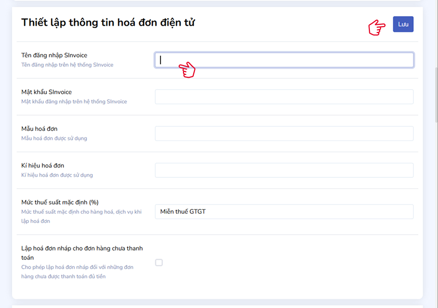 Thiết lập hóa đơn điện tử SInvoice