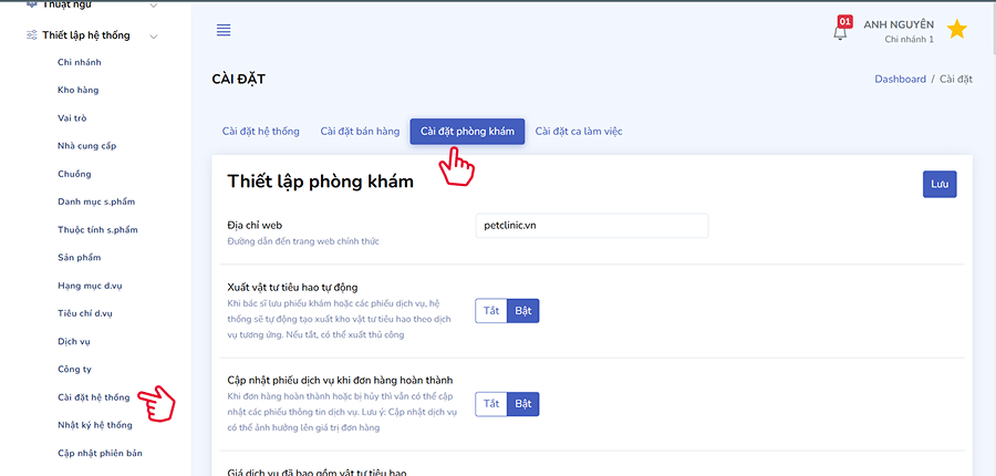 Vị trí thiết lập phiếu khám